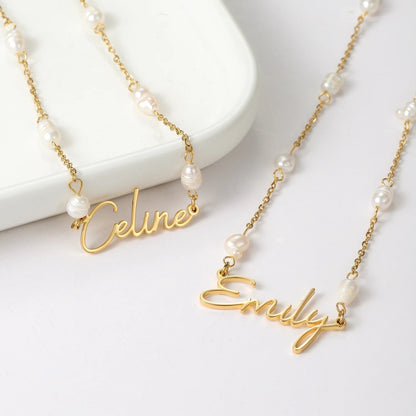 14k Gold Pearl Nameplate