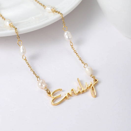 14k Gold Pearl Nameplate