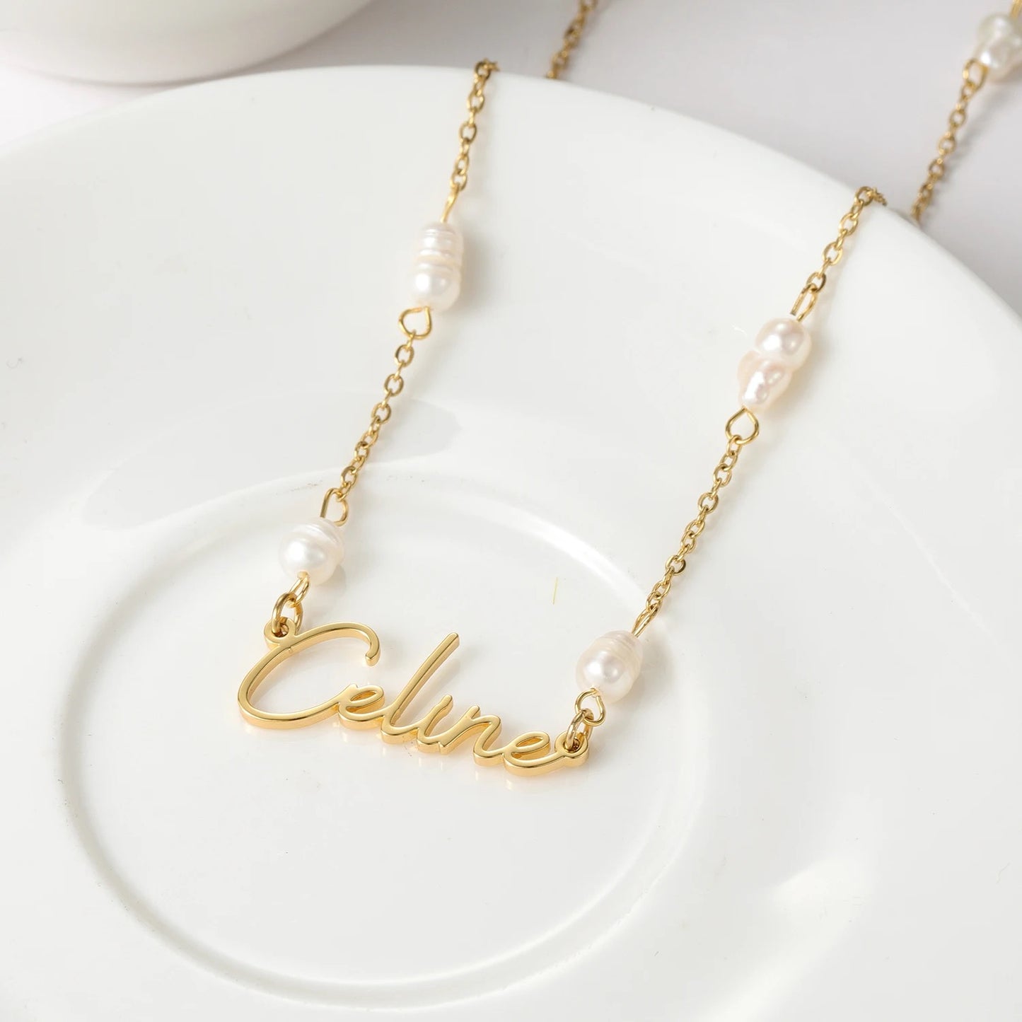 14k Gold Pearl Nameplate