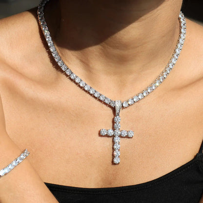 Cross 3mm Diamond Row Tennis Necklace Choker